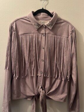 Idyllwind Twinpines Lilac Soft Faux Suede Fringe Jewel Button Tie-Front Top NWT